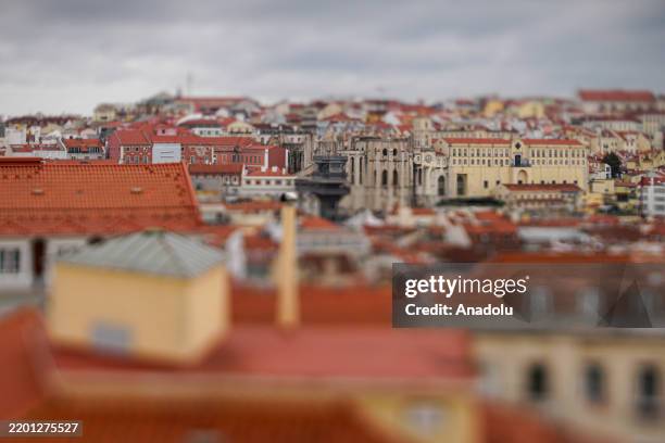 View of Lisbon, captured with a tilt-shift lens typically used for landscape and architectural photography, on February 19 in Portugal. Lisbon, the...