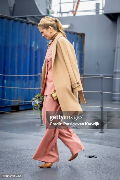 Princess Amalia of the Netherlands attends to name the naval ship Den Helder built by Damen Naval Shipyards on February 21, 2025 in Vlissingen,...