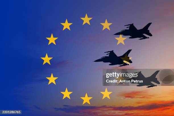 fighter jets and eu flag. military aviation in europe - heer stock-fotos und bilder