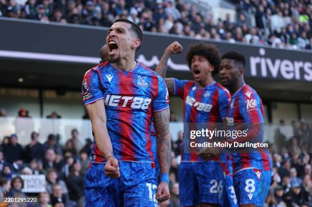 Daniel Munoz of Crystal Palace celebrates scoring his team's second goal during the Premier League match between Fulham FC and Crystal Palace FC at...
