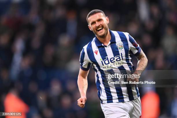 John Swift of West Bromwich Albion celebrates scoring his team's second goal during the Sky Bet Championship match between West Bromwich Albion FC...
