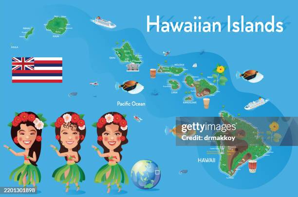 hawaiian islands and the art of hula dance - akaka falls state park stock illustrations