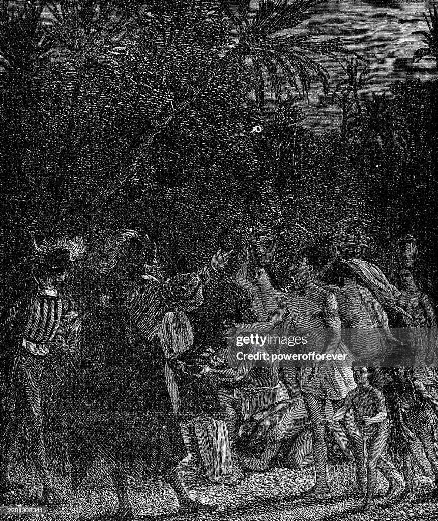 Christopher Columbus Attempting to Communicate with the Lucayan People on the Island of Guanahanà - 15th Century