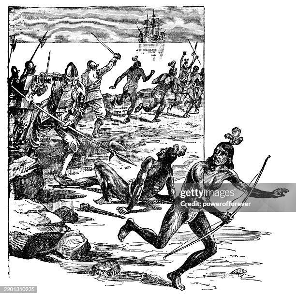 ilustraciones, imágenes clip art, dibujos animados e iconos de stock de cristóbal colón se enfrenta a los ciguayos en la bahía de las flechas - siglo xv - christopher columbus natives