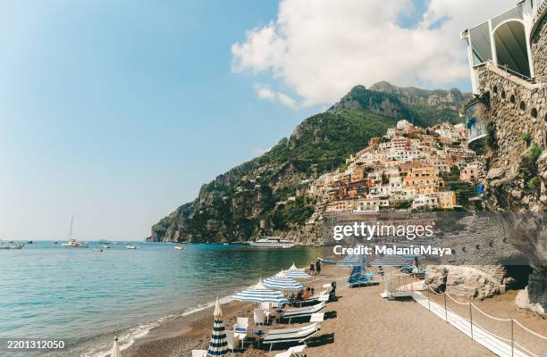 idyllic view over positano city with old italian town houses at amalfi coast - amalfi stock pictures, royalty-free photos & images