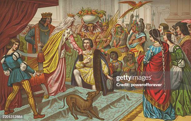 stockillustraties, clipart, cartoons en iconen met christopher columbus received by ferdinand ii of aragon and isabella i of castile in barcelona, spain - 15th century - rond de 15e eeuw