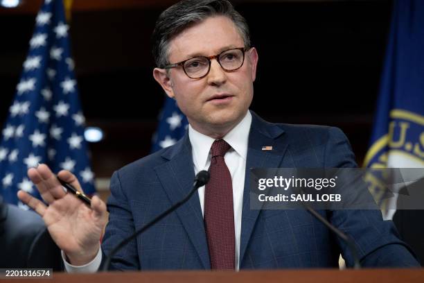 Speaker of the House Mike Johnson, Republican of Louisiana, speaks during a press conference about the House Republican's budget following the...
