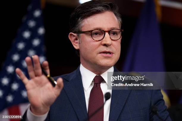 Speaker of the House Mike Johnson speaks during a news conference following a House Republican caucus meeting at the U.S. Capitol on February 25,...