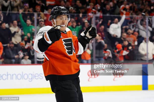 Andrei Kuzmenko of the Philadelphia Flyers reacts after scoring a gaol against the Edmonton Oilers during the second period of the game at the Wells...