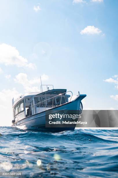 bateau de plongée traditionnel maldivian dhoni flottant dans le lagon turquoise de l’île des maldives récupération des plongeurs après une excursion de plongée vue de la surface de la mer - bateau de voyageurs photos et images de collection