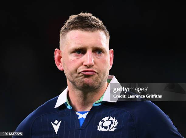 Finn Russell of Scotland looks dejected after the team's defeat during the Guinness Six Nations 2025 match between England and Scotland at Allianz...