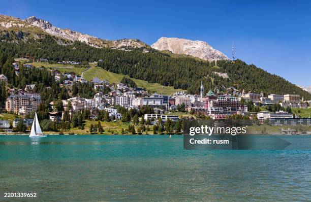 panorama of st. moritz (sankt moritz), high alpine resort town in the engadine, graubunden, switzerland. - st moritz stock pictures, royalty-free photos & images