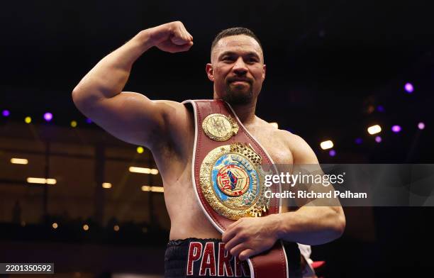 Joseph Parker celebrates victory with the title belt after the WBO Interim World Heavyweight title fight between Martin Bakole and Joseph Parker as...
