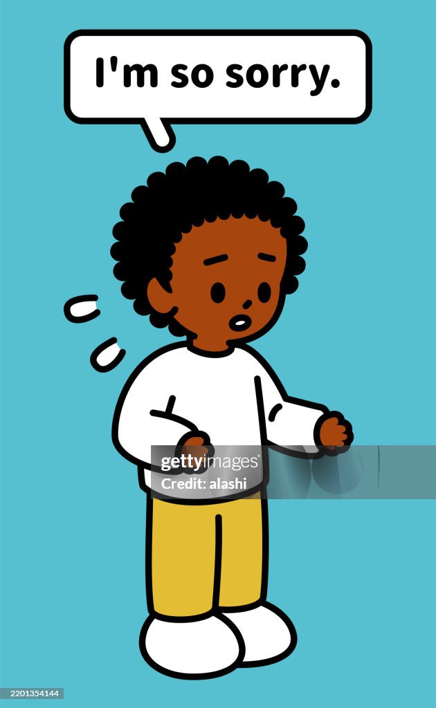 A cute black boy with an afro hairstyle, standing, feeling sorry, apologizing—black outline with flat colors, minimalist style