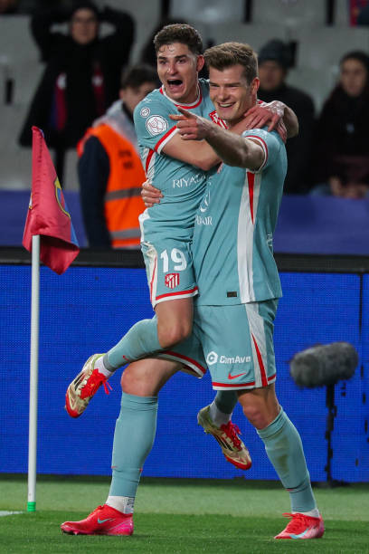 Atletico Madrid's Norwegian forward Alexander Sorloth celebrates with Atletico Madrid's Argentine forward Julian Alvarez after scoring their fourth...