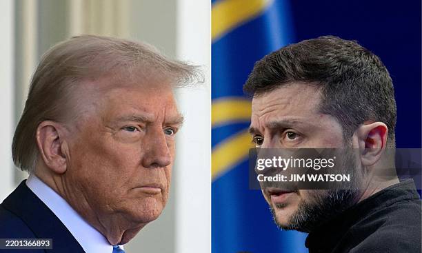 This combination of pictures created on February 25, 2025 shows US President Donald Trump on February 24 and Ukraine's President Volodymyr Zelensky...