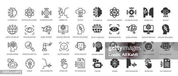 ilustraciones, imágenes clip art, dibujos animados e iconos de stock de colección de inteligencia artificial, digital, robótica, automatización de línea delgada e icono sólido de glifo. trazo editable y píxel perfecto aislado sobre fondo transparente - reconocimiento del habla