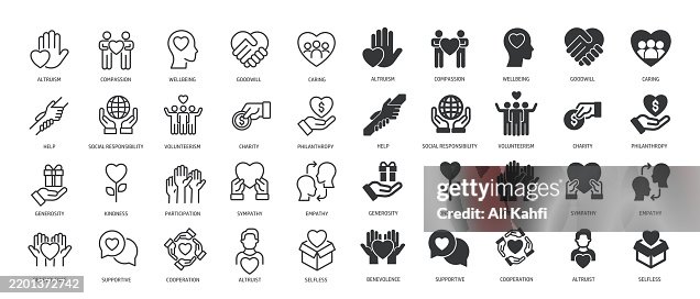 Sammlung von Altruismus, Nächstenliebe, Wohlbefinden, Pflege dünne Linie und Glyphe solides Symbol. Bearbeitbarer Strich und perfekte Pixel isoliert auf transparentem Hintergrund Sammlung von Altruismus, Nächstenliebe, Wohlbefinden, Pflege dünne Linie und Glyphe solides Symbol. Bearbeitbarer Strich und perfekte Pixel isoliert auf transparentem Hintergrund