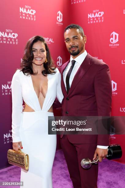 Samara Saraiva and Damon Wayans Jr. Pose in the Trophy Lounge at the 56th NAACP Image Awards at Pasadena Civic Auditorium on February 22, 2025 in...