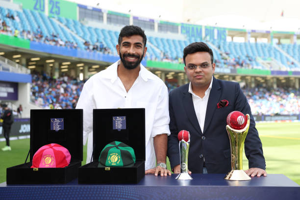 Jasprit Bumrah of India poses for a photo with ICC Chair, Jay Shah after receiving four awards, The ICC T20 Team of the Year Cap, The ICC Test Team...