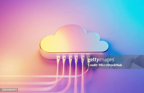 cloud symbol illuminated by blue and magenta lights on blue and magenta background - network connection plug stock pictures, royalty-free photos & images