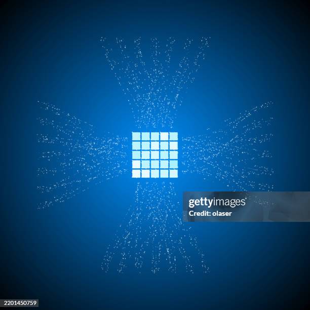 particles / photons connecting in a central computing grid - computer chip close up stock illustrations