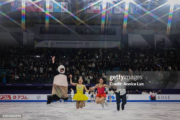 Gold medalist, Mikhail Shaidorov of Kazakhstan, Chaeyeon Kim of South Korea, Riku Miura and Ryuichi Kihara of Japan jump and pose for photo in the...