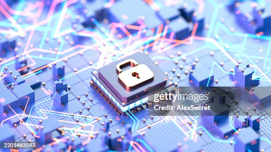 Microchip with padlock representing cybersecurity and data protection Microchip with padlock representing cybersecurity and data protection