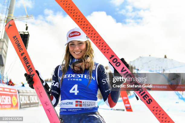 Mikaela Shiffrin of USA celebrates a first place during the award ceremony for Slalom 2nd Run of Audi FIS Ski World Cup Sestriere 2025 on February...