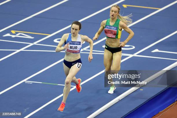 Laura Muir of Dundee Hawkhill Harriers leads Hannah Nuttall of Charnwood AC in the Women's 3000m Final during day two of the 2024 UK Athletics Indoor...