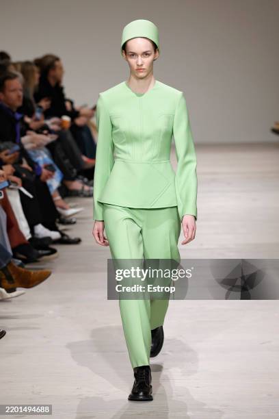 Model walks the runway at the Emilia Wickstead show during London Fashion Week February 2025 at Saatchi Gallery on February 23, 2025 in London,...