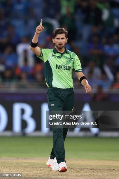 Shaheen Shah Afridi of Pakistan celebrates the wicket of Hardik Pandya of India during the ICC Champions Trophy 2025 match between Pakistan and India...