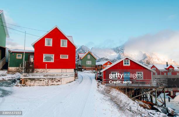snowy day in henningsvaer, lofoten, norway - scandinavia stock pictures, royalty-free photos & images