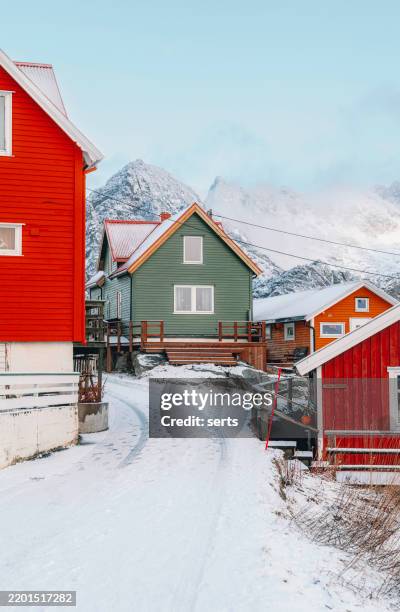 snowy day in henningsvaer, lofoten, norway - honningsvag stock pictures, royalty-free photos & images