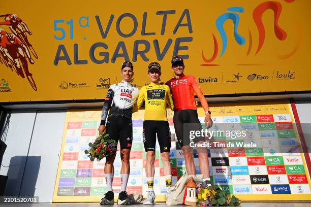 Joao Almeida of Portugal and UAE Team Emirates - XRG on second place, race winner Jonas Vingegaard of Denmark and Team Visma | Lease a Bike - Yellow...