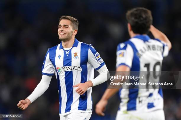 Arsen Zakharyan of Real Sociedad celebrates scoring his team's first goal during the LaLiga match between Real Sociedad and CD Leganes at Reale Arena...