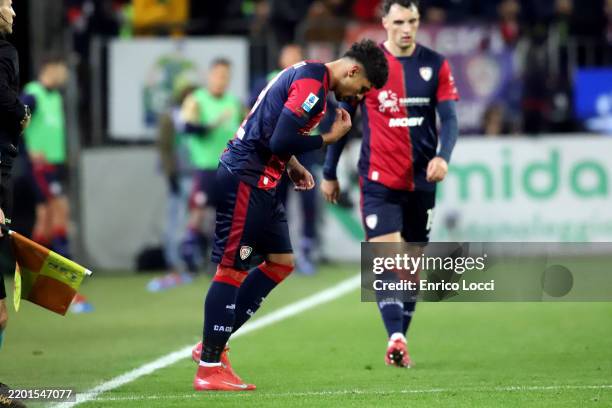 Florinel Coman of Cagliari enters the field during the Serie A match between Cagliari and Juventus at Sardegna Arena on February 23, 2025 in...