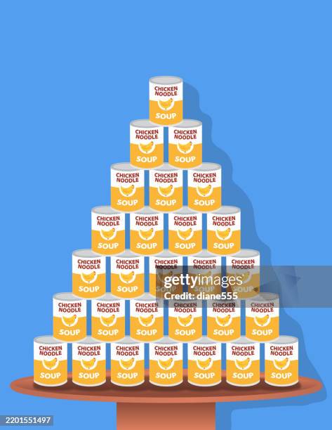 chicken noodle soup stack on a retail display table - chicken soup stock illustrations
