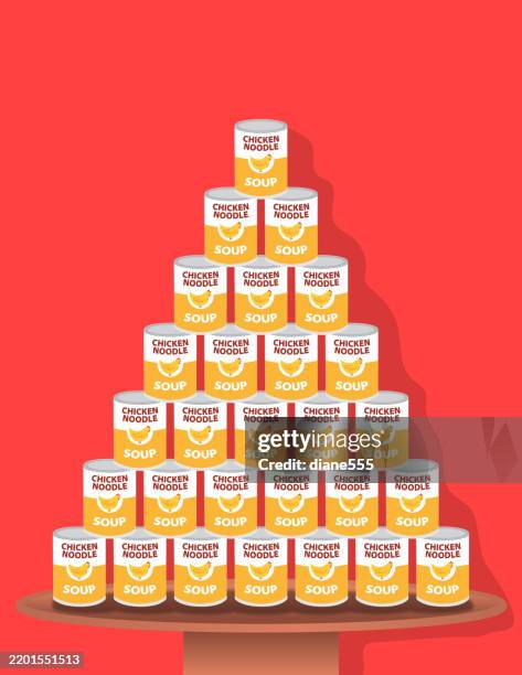 chicken noodle soup stack on a retail display table - chicken soup stock illustrations