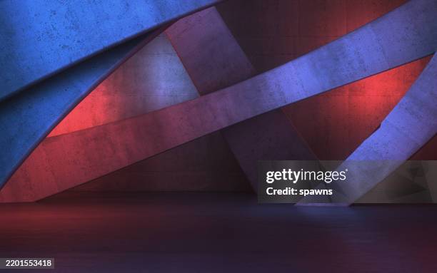 estructura de edificio vacía abstracta de nueva generación hecha de hormigón iluminada con luz azul roja - color azul fotografías e imágenes de stock