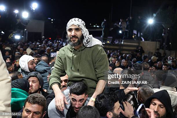 Former Palestinian prisoners, released as part of the seventh hostage-prisoner exchange, are welcomed by relatives upon arrival in the occupied West...