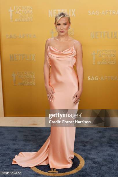 Millie Bobby Brown attends the 31st Annual Screen Actors Guild Awards at Shrine Auditorium and Expo Hall on February 23, 2025 in Los Angeles,...