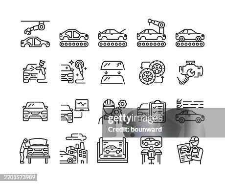 Car Manufacturing Line Icons. Pixel perfect. Editable stroke. Car Manufacturing Line Icons. Pixel perfect. Editable stroke.