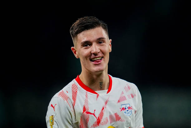 Benjamin Sesko of RB Leipzig looks on during the DFB Cup Quarter Final match between RB Leipzig and VfL Wolfsburg at Red Bull arena, Leipzig, Germany...