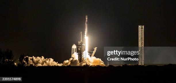 SpaceX Falcon 9 rocket launches from launch pad 30A at the Kennedy Space Center, carrying the Intuitive Machines Moon Lander Athena. As part of the...