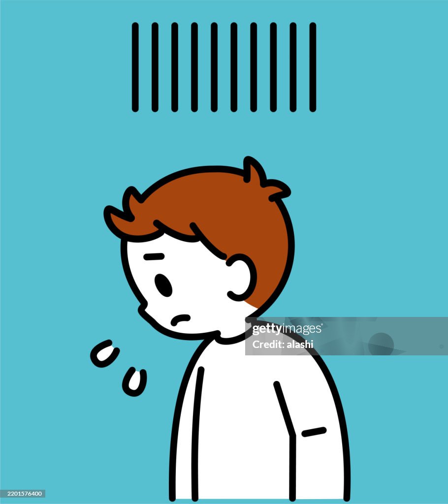 A cute boy with short brown hair, standing, feeling left out, sad, worried, nervous, pressured, distressed, or uneasy, three-quarter front view, black outline with flat colors, minimalist style