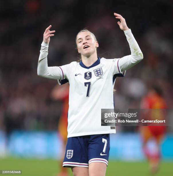 England's Jessica Park celebrates scoring her side's first goal during the UEFA Women's Nations League 2024/25 Grp A3 MD2 match between England and...