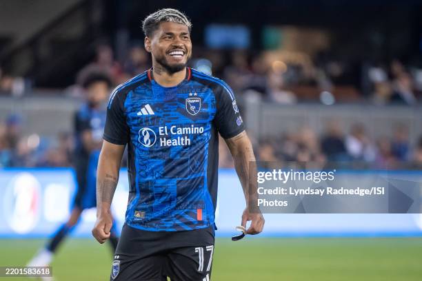 Josef Martínez of San Jose Earthquakes prepares for a throw in during a game between Real Salt Lake and San Jose Earthquakes at PayPal Park on...