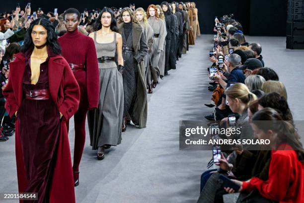 Models walk the runway during the Max Mara collection show as part of the Milan Fashion Week Womenswear Autumn/Winter 2025/2026 in Milan on February...
