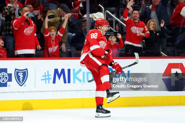 Patrick Kane of the Detroit Red Wings celebrates his overtime game winning goal against the Anaheim Ducks for a 5-4 Detroit Red Wings win at Little...